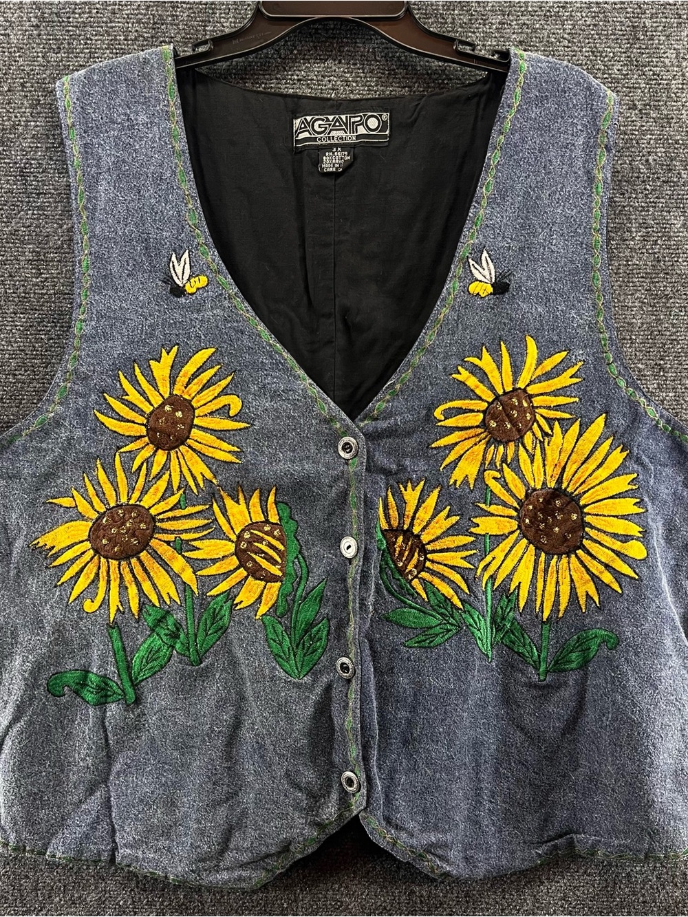 Vtg Agapo Vest 3X Blue Embroidered Sunflower 4-Buttonβ Festival Cottagecore Boho
